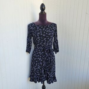 Gap Black Blue Floral Print Faux Wrap 3/4 Sleeve Ladies Dress Ruffle Petite XS